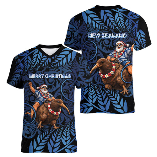 New Zealand Christmas Women V-Neck T-Shirt Santa Riding Kiwi Bird Silver Fern