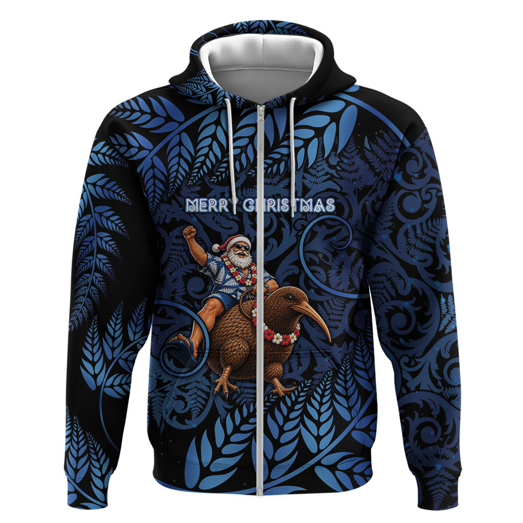 New Zealand Christmas Zip Hoodie Santa Riding Kiwi Bird Silver Fern