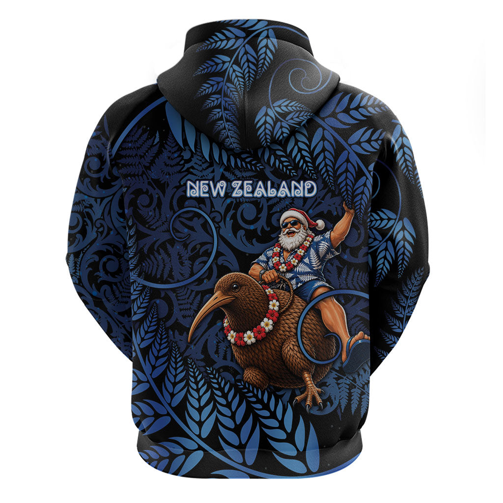 New Zealand Christmas Zip Hoodie Santa Riding Kiwi Bird Silver Fern