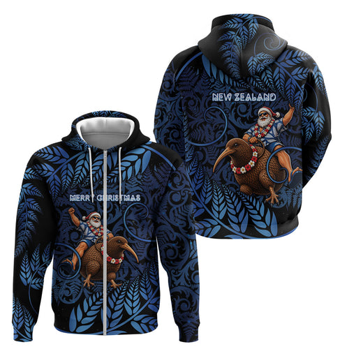 New Zealand Christmas Zip Hoodie Santa Riding Kiwi Bird Silver Fern