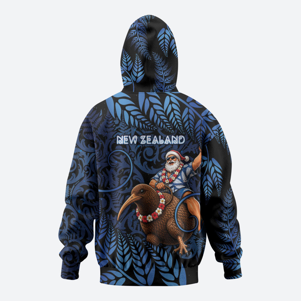 New Zealand Christmas Zip Hoodie Santa Riding Kiwi Bird Silver Fern