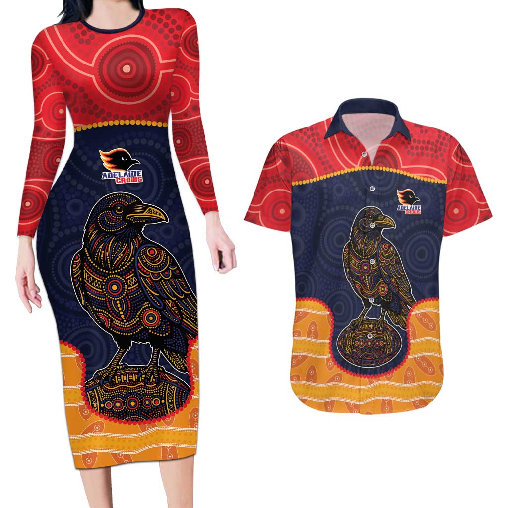 Custom Adelaide Football Club Couples Matching Long Sleeve Bodycon Dress and Hawaiian Shirt Crow Spirit Animal