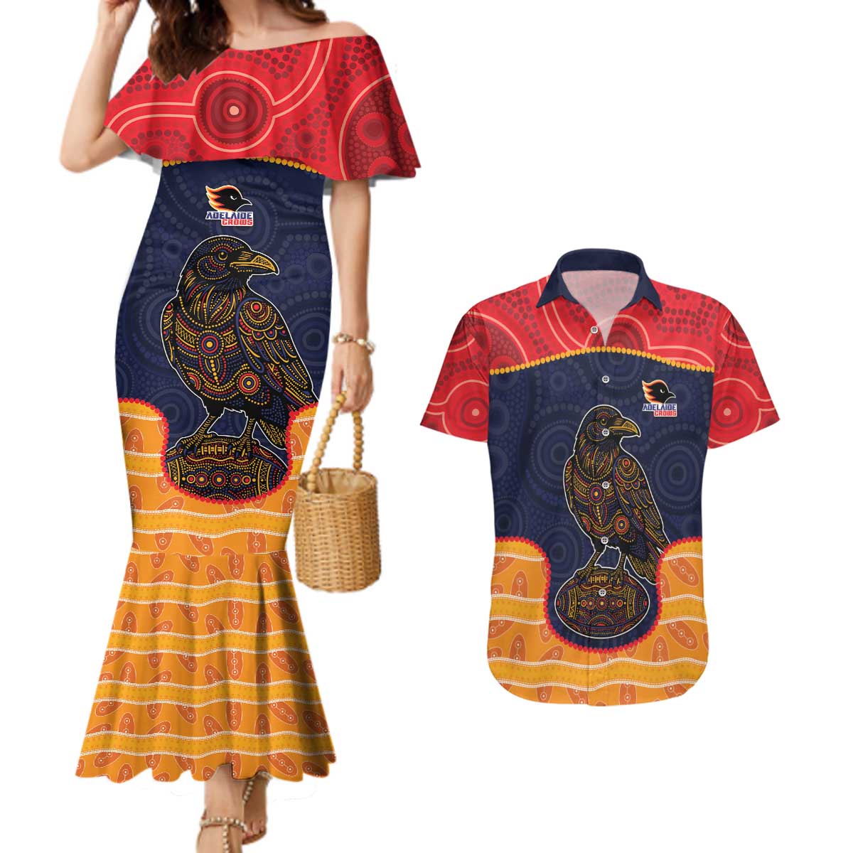 Custom Adelaide Football Club Couples Matching Mermaid Dress and Hawaiian Shirt Crow Spirit Animal