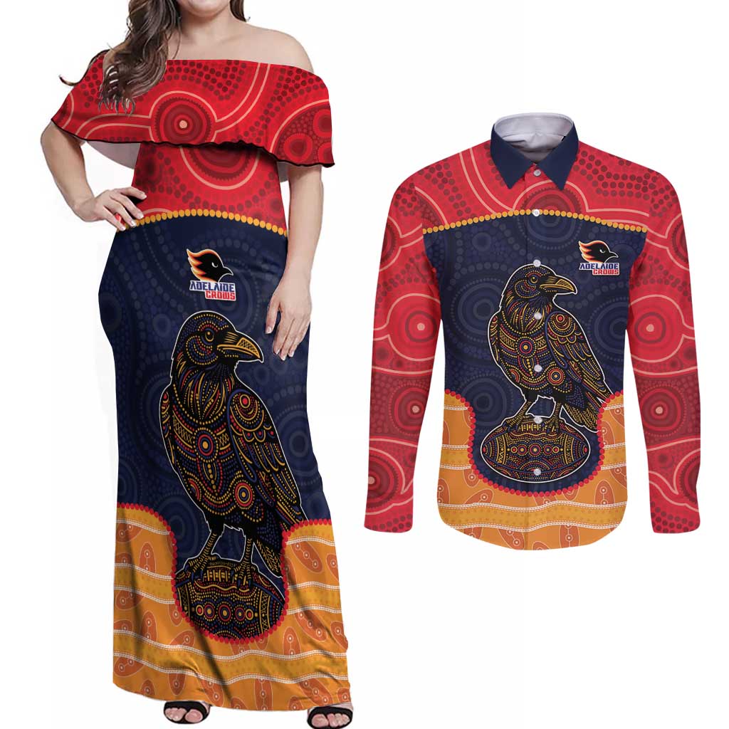 Custom Adelaide Football Club Couples Matching Off Shoulder Maxi Dress and Long Sleeve Button Shirt Crow Spirit Animal