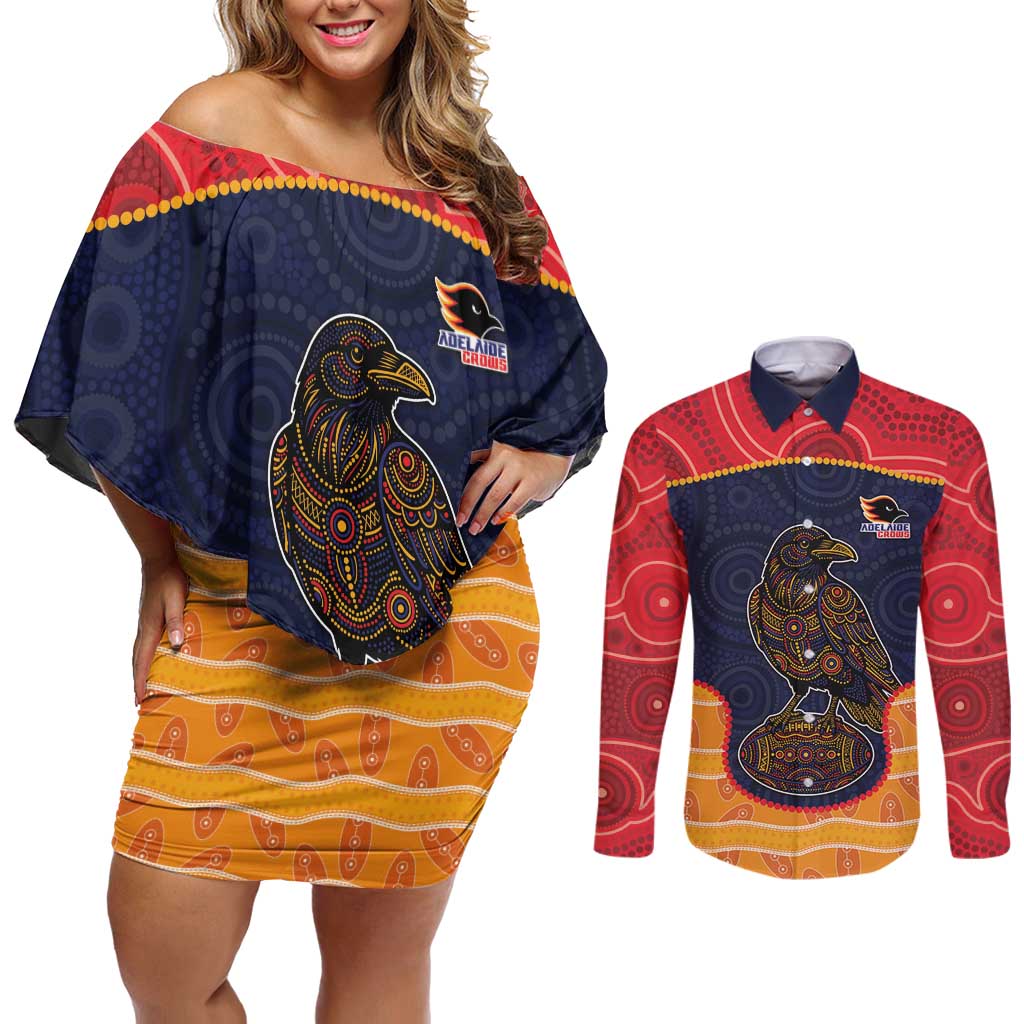 Custom Adelaide Football Club Couples Matching Off Shoulder Short Dress and Long Sleeve Button Shirt Crow Spirit Animal