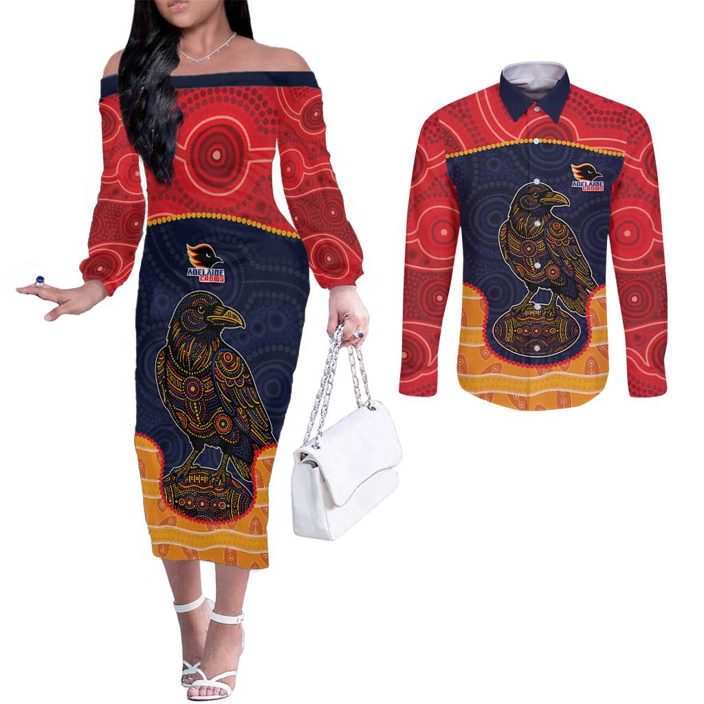 Custom Adelaide Football Club Couples Matching Off The Shoulder Long Sleeve Dress and Long Sleeve Button Shirt Crow Spirit Animal