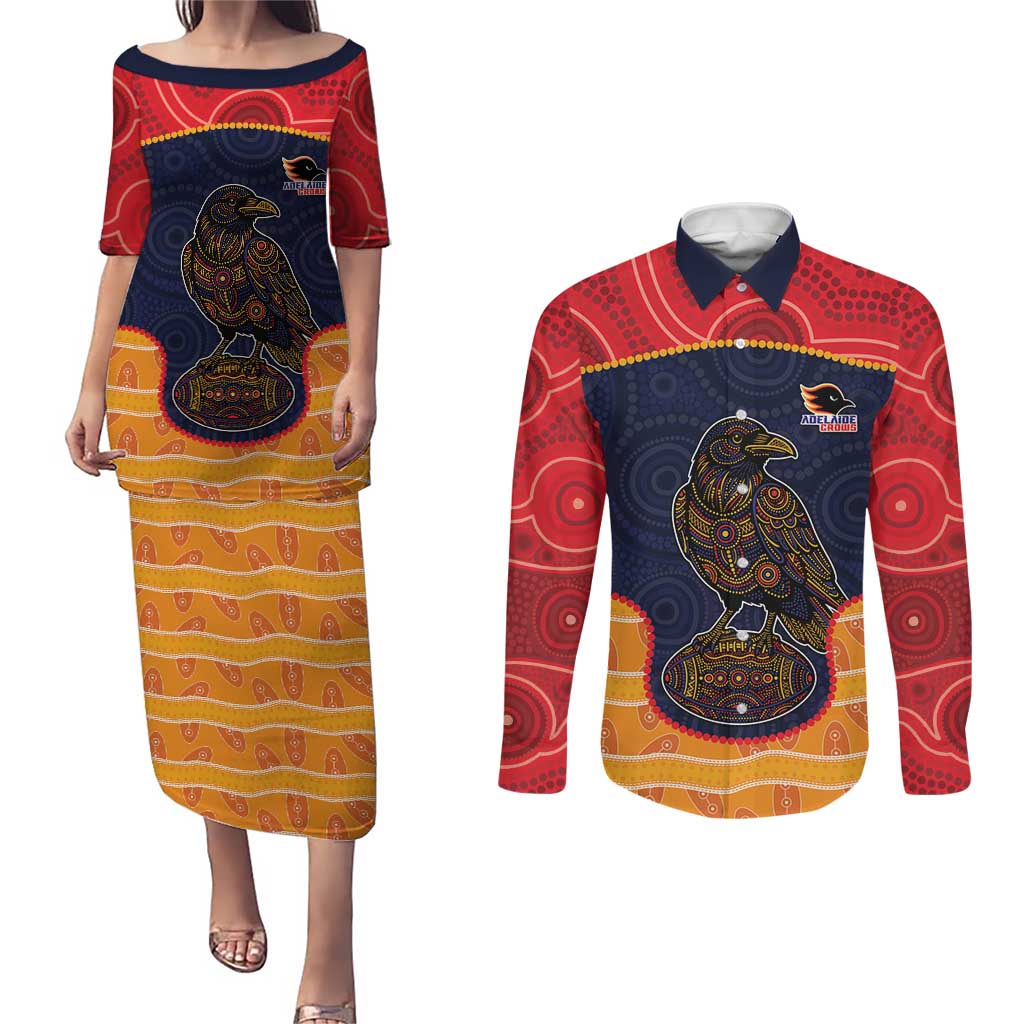 Custom Adelaide Football Club Couples Matching Puletasi and Long Sleeve Button Shirt Crow Spirit Animal