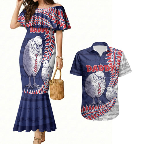 Personalised New Zealand Father's Day Couples Matching Mermaid Dress and Hawaiian Shirt Daddy Kiwi Bird Silver Ferns