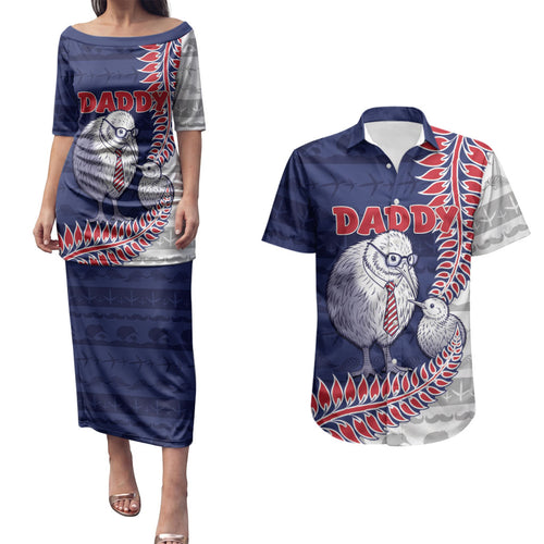 Personalised New Zealand Father's Day Couples Matching Puletasi and Hawaiian Shirt Daddy Kiwi Bird Silver Ferns