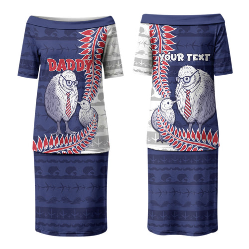 Personalised New Zealand Father's Day Couples Matching Puletasi and Hawaiian Shirt Daddy Kiwi Bird Silver Ferns