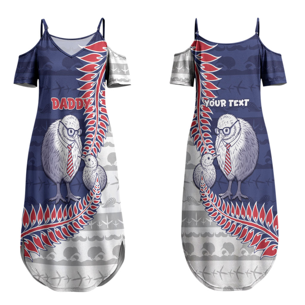 Personalised New Zealand Father's Day Couples Matching Summer Maxi Dress and Long Sleeve Button Shirt Daddy Kiwi Bird Silver Ferns