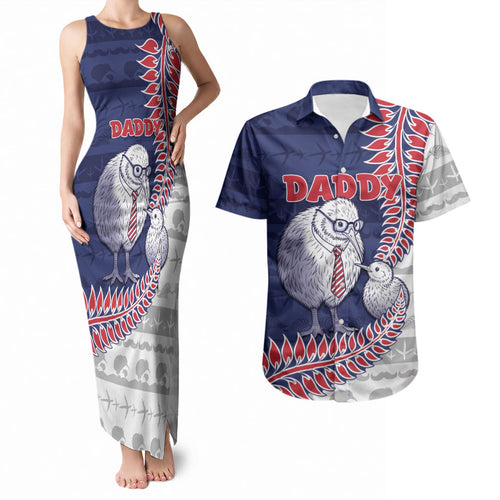 Personalised New Zealand Father's Day Couples Matching Tank Maxi Dress and Hawaiian Shirt Daddy Kiwi Bird Silver Ferns