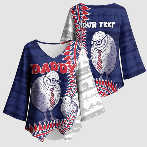 Personalised New Zealand Father's Day Kimono Sleeve Blouse Daddy Kiwi Bird Silver Ferns