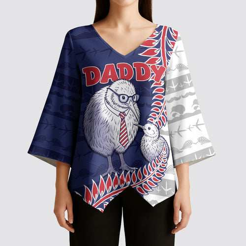 Personalised New Zealand Father's Day Kimono Sleeve Blouse Daddy Kiwi Bird Silver Ferns