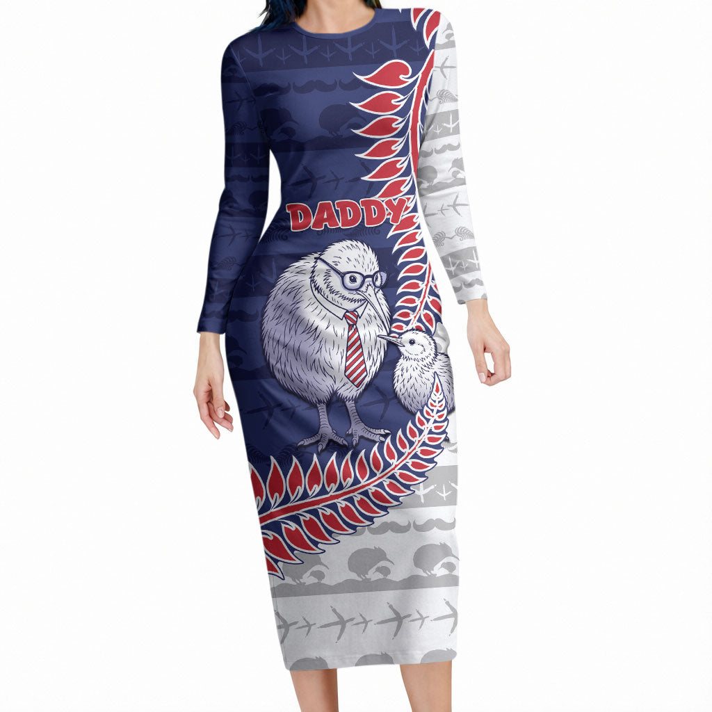 Personalised New Zealand Father's Day Long Sleeve Bodycon Dress Daddy Kiwi Bird Silver Ferns
