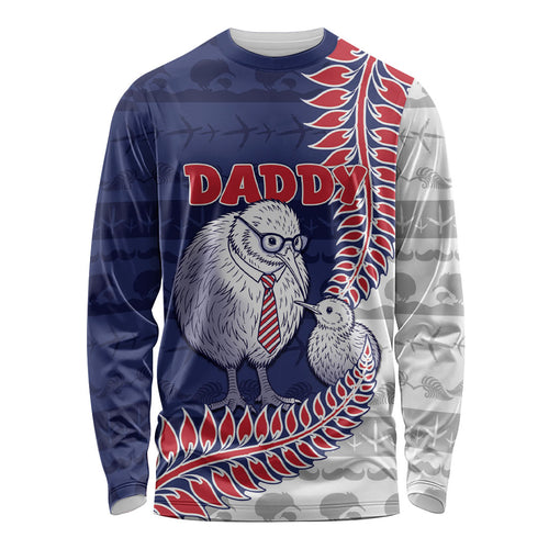 Personalised New Zealand Father's Day Long Sleeve Shirt Daddy Kiwi Bird Silver Ferns