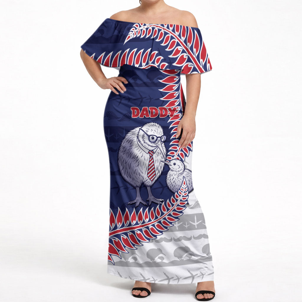 Personalised New Zealand Father's Day Off Shoulder Maxi Dress Daddy Kiwi Bird Silver Ferns