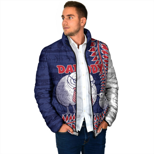 Personalised New Zealand Father's Day Padded Jacket Daddy Kiwi Bird Silver Ferns