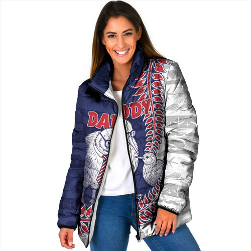 Personalised New Zealand Father's Day Padded Jacket Daddy Kiwi Bird Silver Ferns