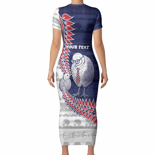Personalised New Zealand Father's Day Short Sleeve Bodycon Dress Daddy Kiwi Bird Silver Ferns