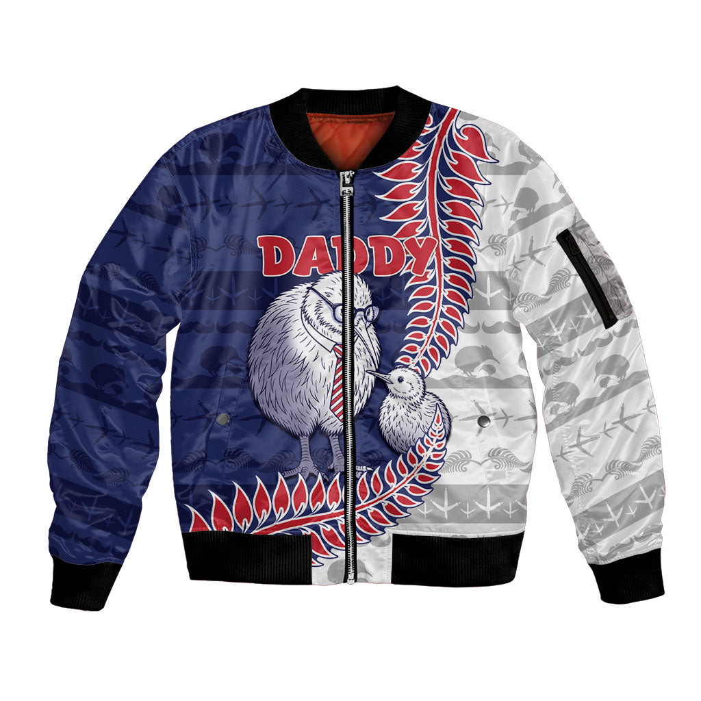 Personalised New Zealand Father's Day Sleeve Zip Bomber Jacket Daddy Kiwi Bird Silver Ferns