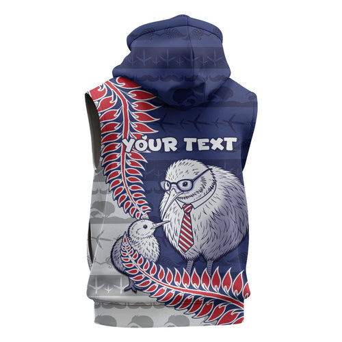 Personalised New Zealand Father's Day Sleeveless Hoodie Daddy Kiwi Bird Silver Ferns