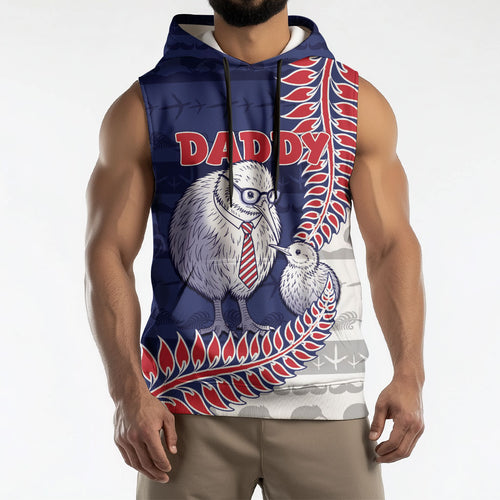 Personalised New Zealand Father's Day Sleeveless Hoodie Daddy Kiwi Bird Silver Ferns