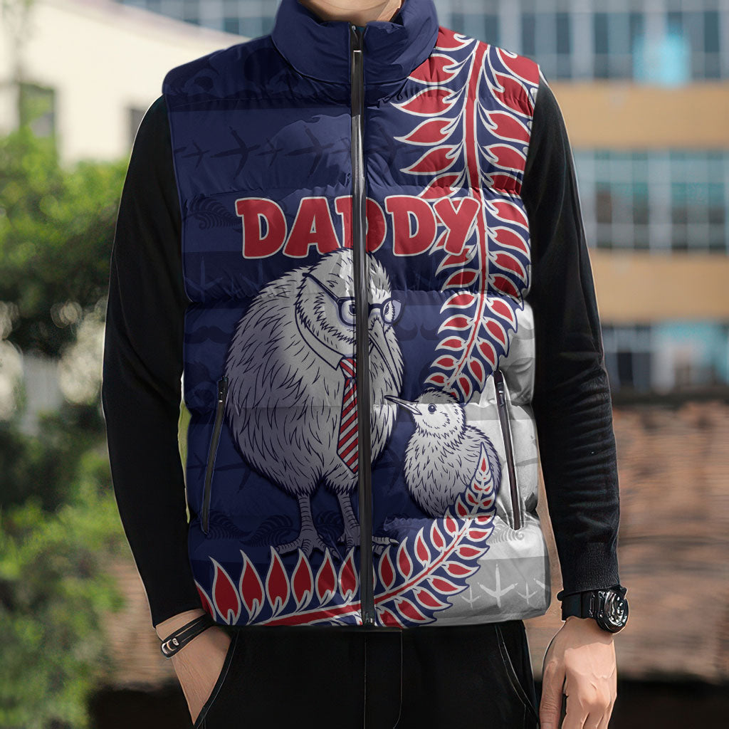 Personalised New Zealand Father's Day Sleeveless Puffer Jacket Daddy Kiwi Bird Silver Ferns