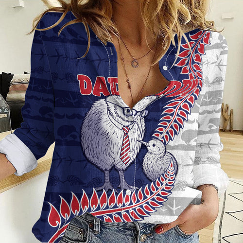 Personalised New Zealand Father's Day Women Casual Shirt Daddy Kiwi Bird Silver Ferns