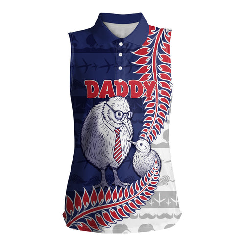 Personalised New Zealand Father's Day Women Sleeveless Polo Shirt Daddy Kiwi Bird Silver Ferns