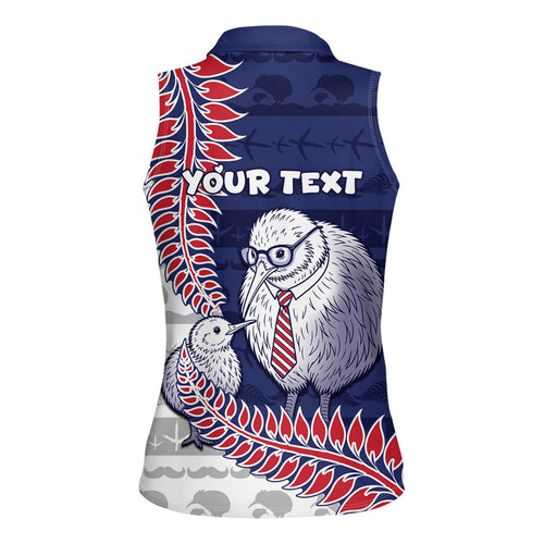 Personalised New Zealand Father's Day Women Sleeveless Polo Shirt Daddy Kiwi Bird Silver Ferns