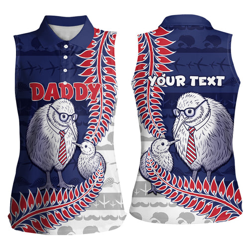 Personalised New Zealand Father's Day Women Sleeveless Polo Shirt Daddy Kiwi Bird Silver Ferns
