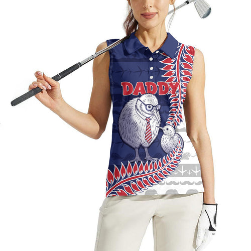 Personalised New Zealand Father's Day Women Sleeveless Polo Shirt Daddy Kiwi Bird Silver Ferns