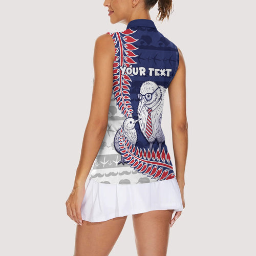 Personalised New Zealand Father's Day Women Sleeveless Polo Shirt Daddy Kiwi Bird Silver Ferns