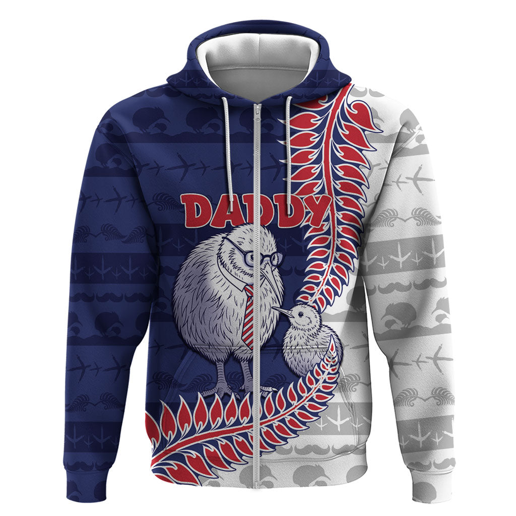 Personalised New Zealand Father's Day Zip Hoodie Daddy Kiwi Bird Silver Ferns