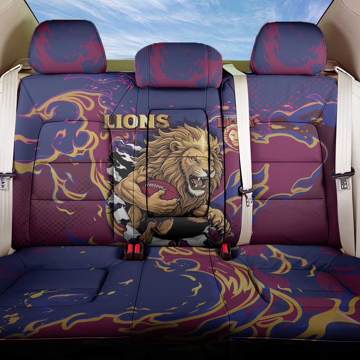 Brisbane Maroon Back Car Seat Cover Lions Blazing Fire