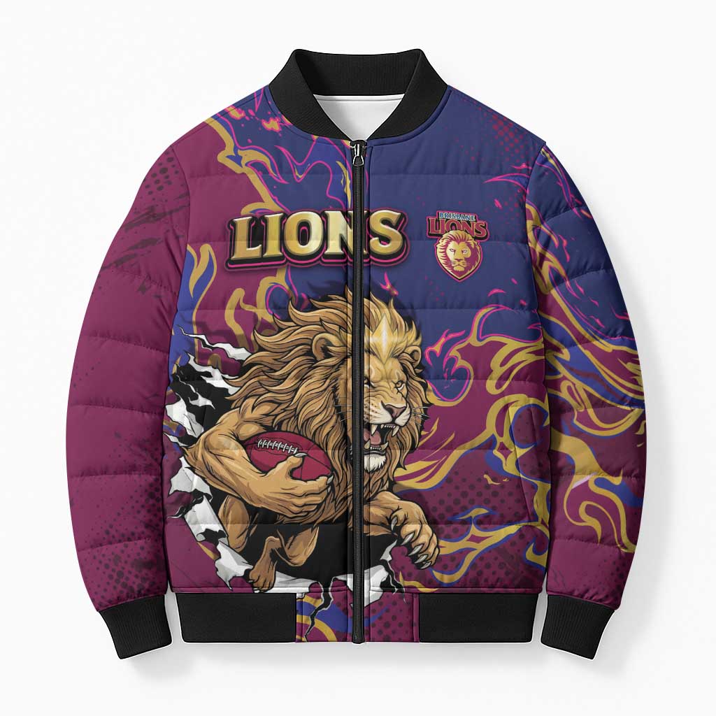Custom Brisbane Maroon Bomber Puffer Jacket Lions Blazing Fire