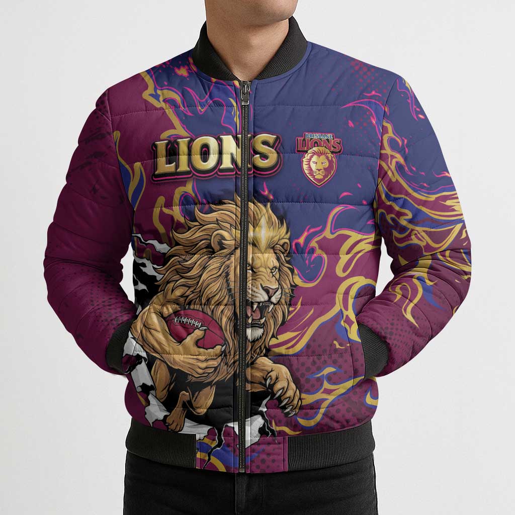 Custom Brisbane Maroon Bomber Puffer Jacket Lions Blazing Fire