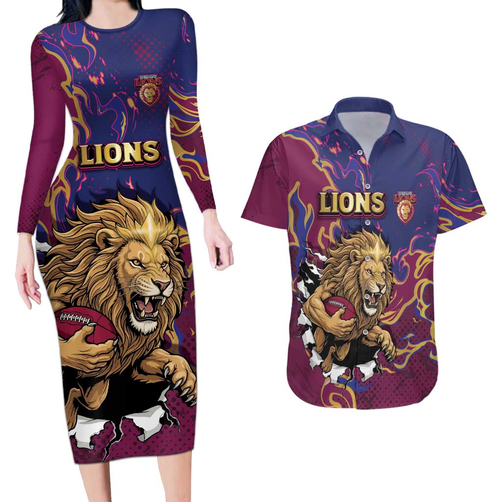 Custom Brisbane Maroon Couples Matching Long Sleeve Bodycon Dress and Hawaiian Shirt Lions Blazing Fire