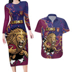 Custom Brisbane Maroon Couples Matching Long Sleeve Bodycon Dress and Hawaiian Shirt Lions Blazing Fire