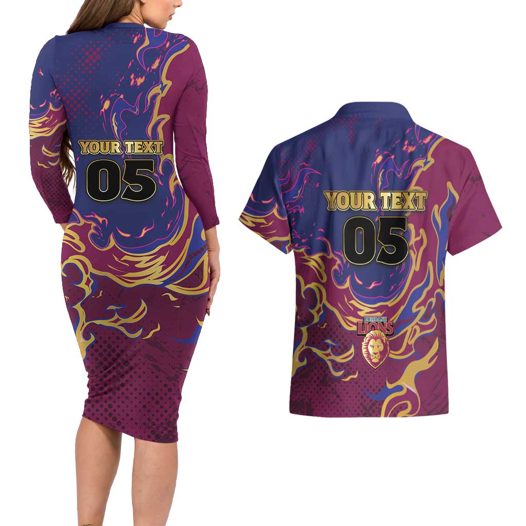 Custom Brisbane Maroon Couples Matching Long Sleeve Bodycon Dress and Hawaiian Shirt Lions Blazing Fire