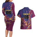 Custom Brisbane Maroon Couples Matching Long Sleeve Bodycon Dress and Hawaiian Shirt Lions Blazing Fire