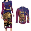 Custom Brisbane Maroon Couples Matching Long Sleeve Bodycon Dress and Long Sleeve Button Shirt Lions Blazing Fire