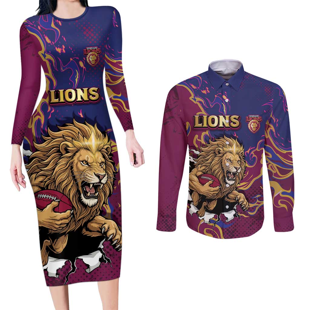 Custom Brisbane Maroon Couples Matching Long Sleeve Bodycon Dress and Long Sleeve Button Shirt Lions Blazing Fire
