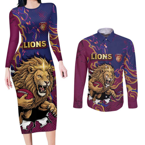 Custom Brisbane Maroon Couples Matching Long Sleeve Bodycon Dress and Long Sleeve Button Shirt Lions Blazing Fire