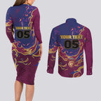 Custom Brisbane Maroon Couples Matching Long Sleeve Bodycon Dress and Long Sleeve Button Shirt Lions Blazing Fire