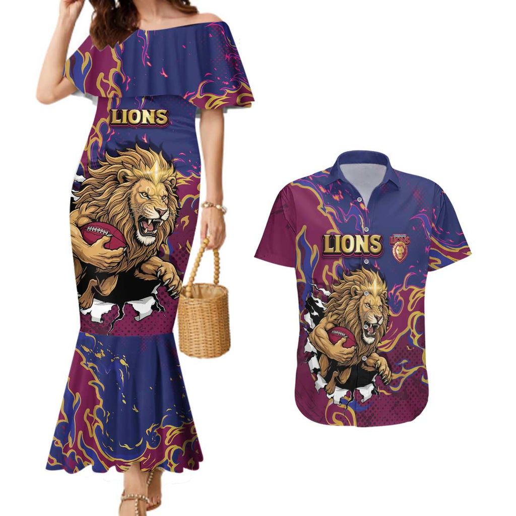 Custom Brisbane Maroon Couples Matching Mermaid Dress and Hawaiian Shirt Lions Blazing Fire
