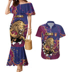 Custom Brisbane Maroon Couples Matching Mermaid Dress and Hawaiian Shirt Lions Blazing Fire