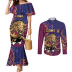Custom Brisbane Maroon Couples Matching Mermaid Dress and Long Sleeve Button Shirt Lions Blazing Fire