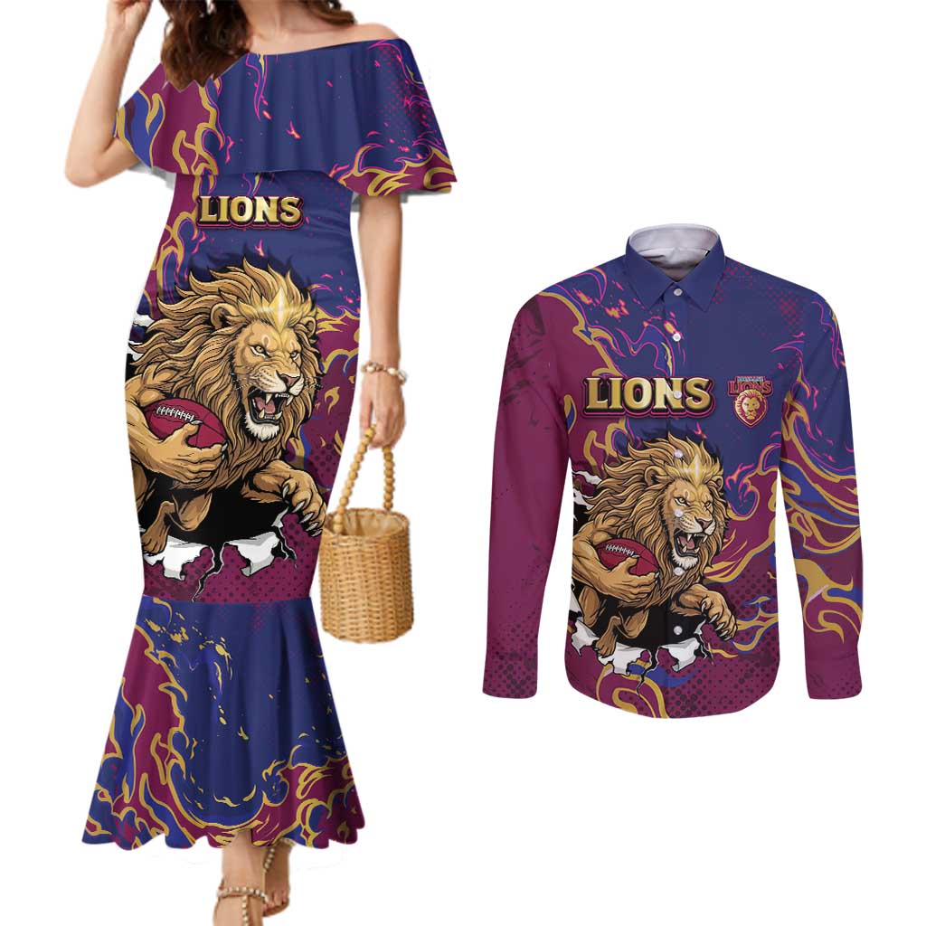 Custom Brisbane Maroon Couples Matching Mermaid Dress and Long Sleeve Button Shirt Lions Blazing Fire